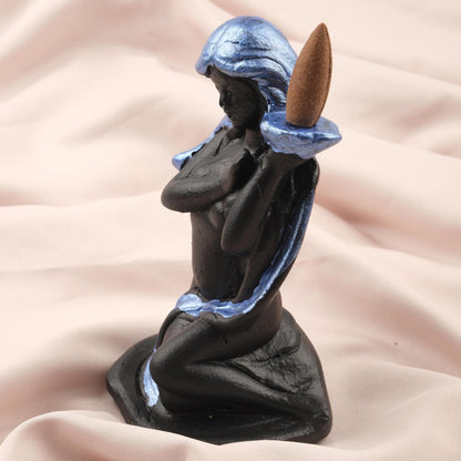 Women Figure Backflow Incense Holder, 17 cm and 6.7 in | Unique Resin Smoke Fountain, Spiritual Decor, Meditation Gift, Navy Blue & Black
