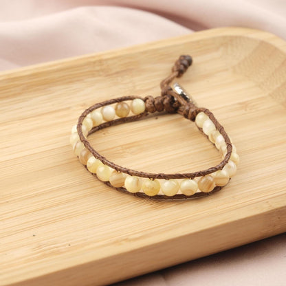 Stone of Warmth, Yellow Jasper & Hematite Beaded Leather Bracelet for Men, Cream Crystal Wristband Gift, Earthy Boho Jewelry, 21cm / 8.26in