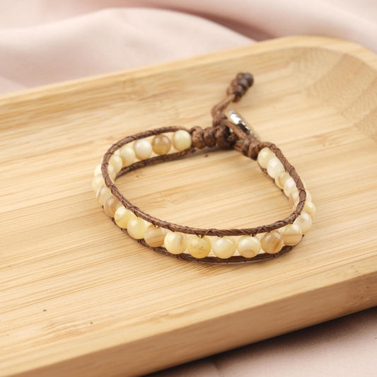 Stone of Warmth, Yellow Jasper & Hematite Beaded Leather Bracelet for Men, Cream Crystal Wristband Gift, Earthy Boho Jewelry, 21cm / 8.26in
