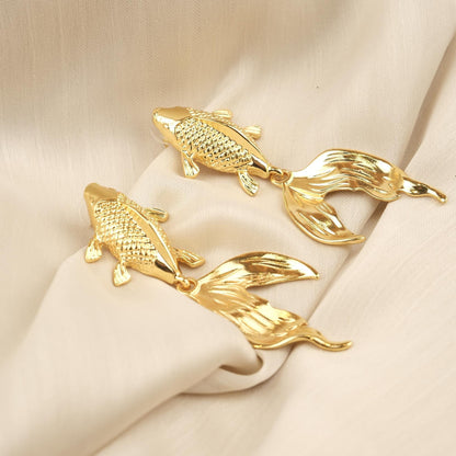 Handmade Gold Plated Koi Fish Stud Earrings, Elegant Symbolic Design with Flowing Tail, Artistic and Antique Looking Statement Jewelry Piece