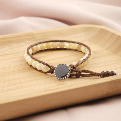 Stone of Warmth, Yellow Jasper & Hematite Beaded Leather Bracelet for Men, Cream Crystal Wristband Gift, Earthy Boho Jewelry, 21cm / 8.26in