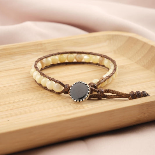 Stone of Warmth, Yellow Jasper & Hematite Beaded Leather Bracelet for Men, Cream Crystal Wristband Gift, Earthy Boho Jewelry, 21cm / 8.26in