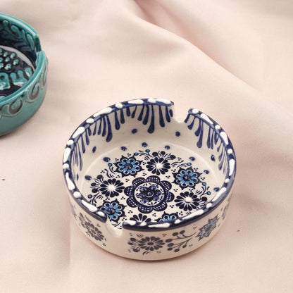 BUY 1 GET 1 Autumn Horizon – Gray & Blue Mandala Ashtray Set of 2, Handmade Anatolian Ceramic, Rustic Boho Decor