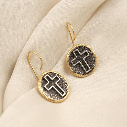 Handmade Gold Plated Cross Dangle Earrings, Textured Round Drop Design with Antique Looking Finish, Faith Inspired Elegant Gift for Her