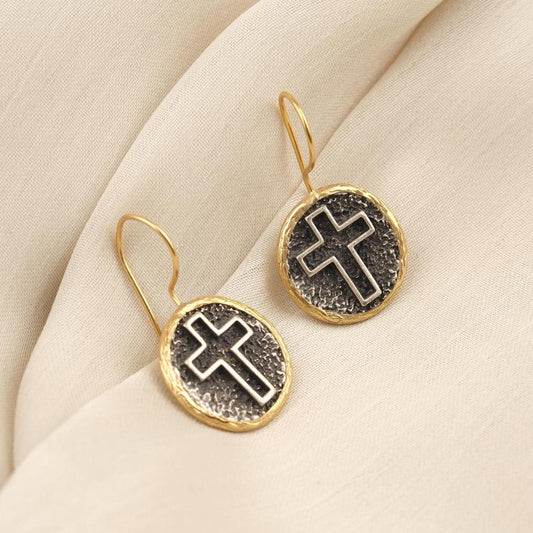 Handmade Gold Plated Cross Dangle Earrings, Textured Round Drop Design with Antique Looking Finish, Faith Inspired Elegant Gift for Her