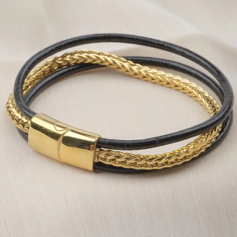 Gold & Leather Chain Bracelet with Titanium Lock