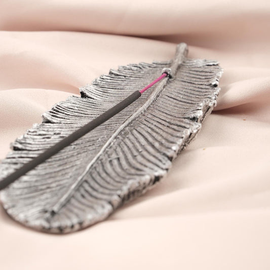 Silver Feather Incense Stick Holder, Aromatherapy Accessories for Meditation Lovers, Unique Yoga Gift | Smoke Lid & Incense Stick Burner