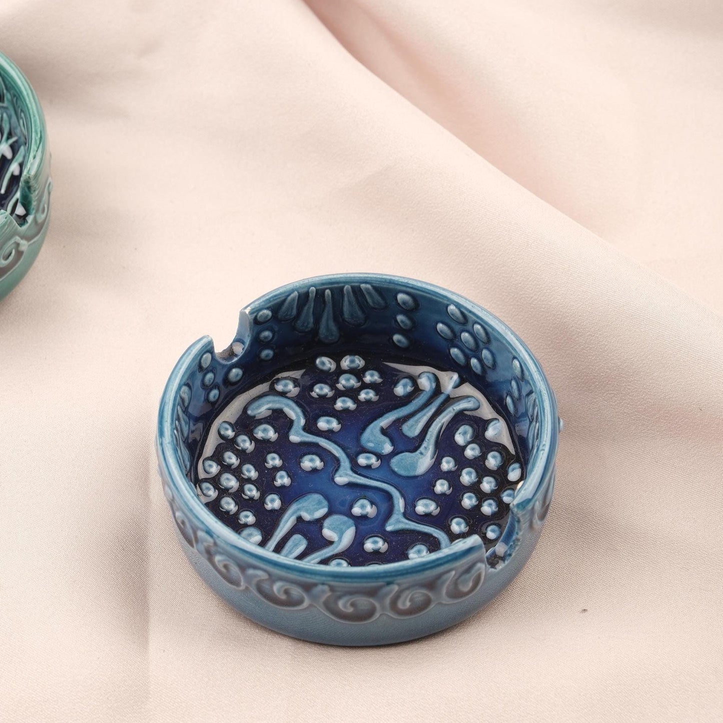 BUY 1 GET 1 Sunstone Balance – Gray & Blue Mandala Ashtray Set of 2, Handmade Ceramic with Anatolian Design, Boho Chic Decor