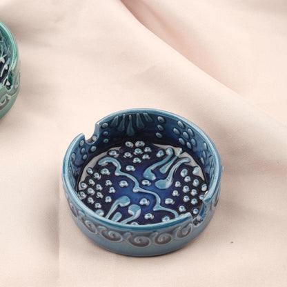 BUY 1 GET 1 Sunstone Balance – Gray & Blue Mandala Ashtray Set of 2, Handmade Ceramic with Anatolian Design, Boho Chic Decor