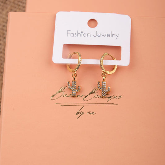 Gold Cactus Hoop Earrings, A Minimal Brass Statement For Free Spirits, Summer Jewelry With Soul, Gentle Gift For Women