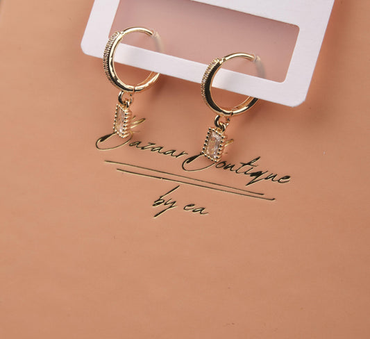 Gold Rectangle Pink Emerald Earrings, Elegant Minimalist Hoops For Women Who Glow, Feminine Statement Jewelry In Brass