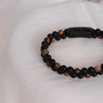 Tiger’s Eye & Matte Black Beaded Men’s Bracelet , 22cm , Grounding , Bold Design, Smooth Finish, Stylish Gift for Him