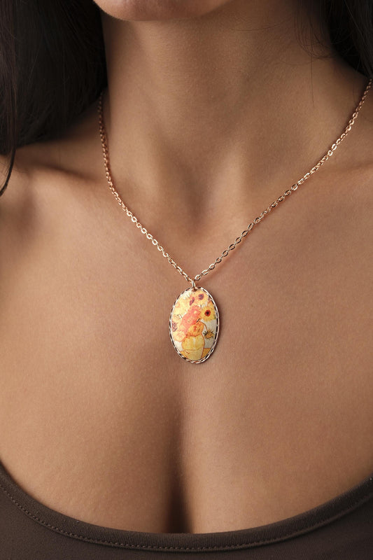 Vincent van Gogh "Vase with Fifteen Sunflowers" Necklace in Pure Copper, Artistic Pendant, Handmade & Antique Looking Vintage Style Gift