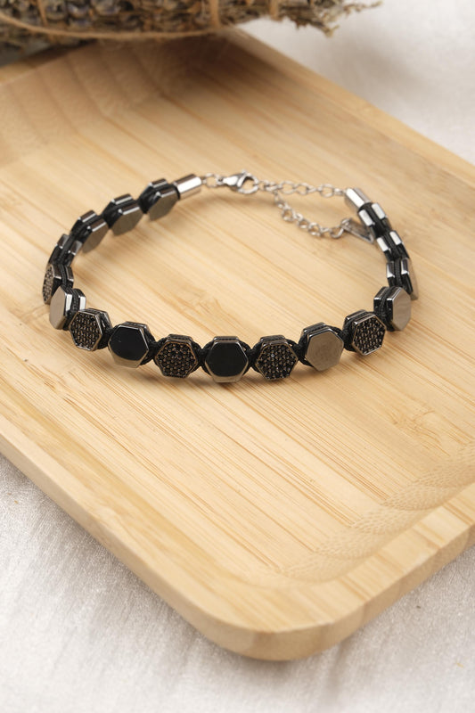 Geometric Edge, Hexagon Hematite Bracelet for Men in Silver and Black, Adjustable Crystal Jewelry, No Leather, Gift for Him