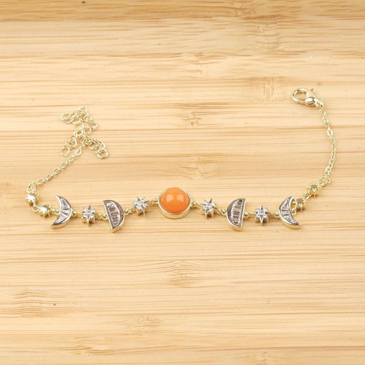 Orange Moon & Star Charm Bracelet for Women, Gold Celestial Jewelry with Vibrant Orange Accent Stone, Warm Gift for Her, 22cm / 8.66in