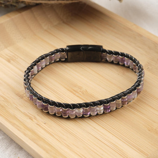 Stone of Calm, Amethyst Leather Bracelet for Men, Chakra Gemstone Bracelet Gift with Genuine Leather, For Him | Titanium Lock