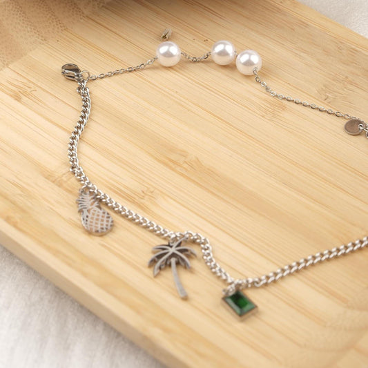Exotic Bracelet for Summer | Pineapple, Pearl, Palm & Emerald Charm Jewelry