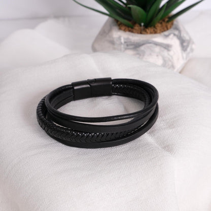Triple Strand Black Leather Men's Bracelet 22cm – Genuine Leather with Braided, Smooth, and Round Strap Design for Bold Maximalist Style