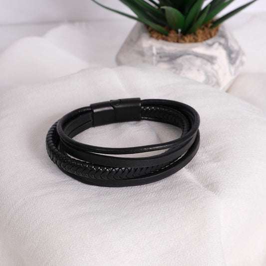 Triple Strand Black Leather Men's Bracelet 22cm – Genuine Leather with Braided, Smooth, and Round Strap Design for Bold Maximalist Style