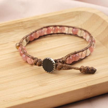 Stone of Love, Quartz & Leather Wrap Bracelet for Men, Adjustable Rose Quartz-Style Beaded Wristband, Gift for Him, 21cm / 8.26in