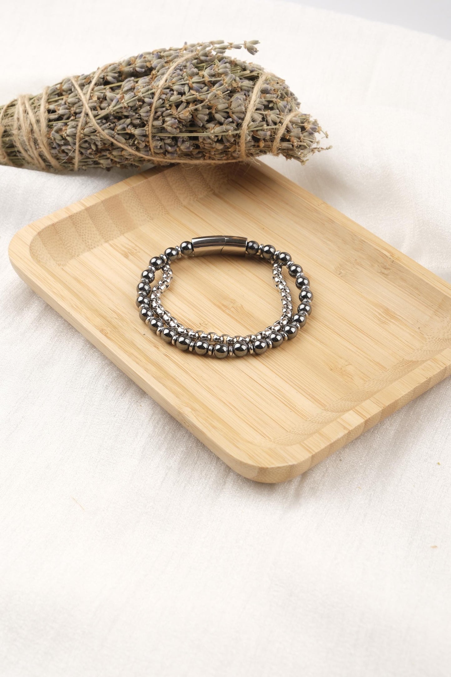 Bold Simplicity, Silver and Black Hematite Bracelet for Men, Leather-Free Crystal Wristband, Minimalist Gift for Him