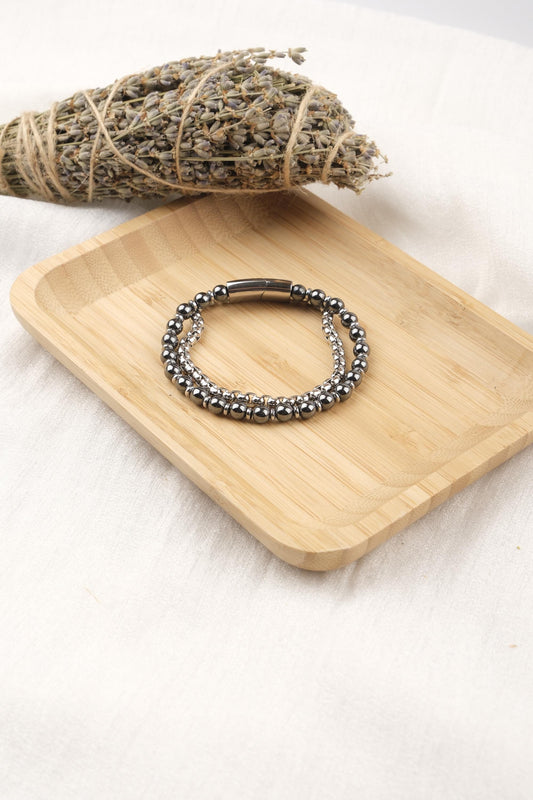 Bold Simplicity, Silver and Black Hematite Bracelet for Men, Leather-Free Crystal Wristband, Minimalist Gift for Him