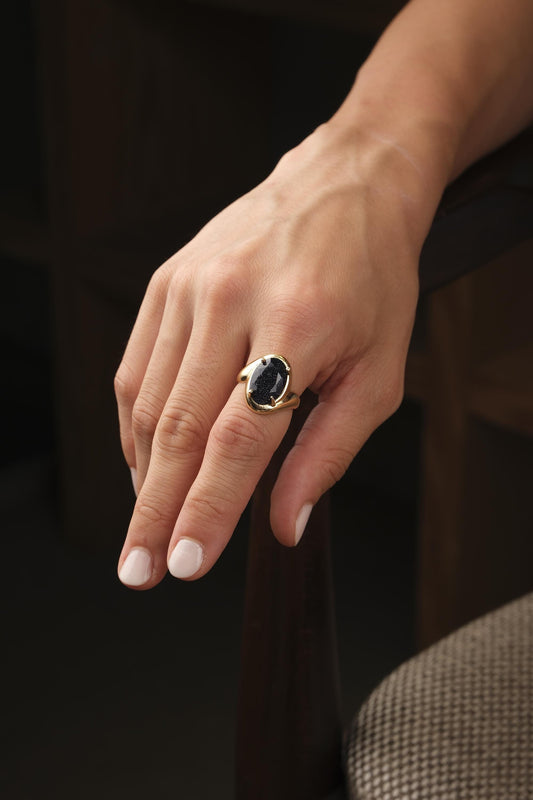 Handmade Shiny Ring , Gemstone Antique Looking And Vintage Style Gold Plated Adjustable , Elegant Oval Cut Statement Design Gift for Her