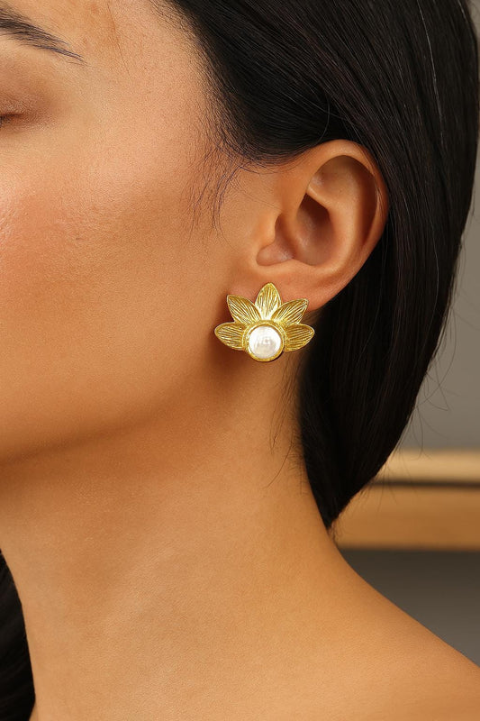 Handmade Real Pearl Lotus Flower Stud Earrings with Genuine Freshwater Pearl, Unique Zen Mode Jewelry, Antique Looking Nature-Inspired Gift