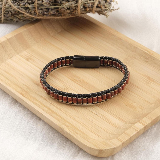 Stone of Vitality, Red Jasper Leather Bracelet for Men, Natural Gemstone and Leather Bracelet Gift, Crystal Jewelry for Him | Titanium Lock