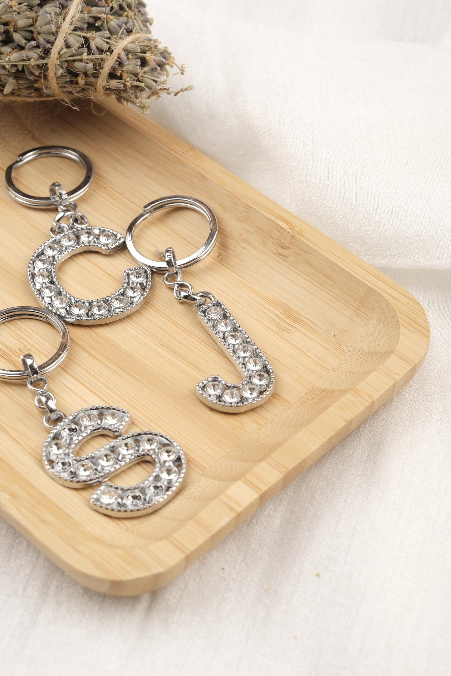 Shiny Silver Initial Keychain with Rhinestones, Personalized Letter Keyring Gift for Women, Custom Name Charm