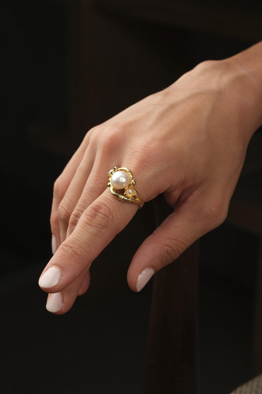 Handmade Artistic Design Ring With Faux Pearl Centerpiece, Adjustable Antique Looking And Vintage Style Gold Plated  With Delicate Detailing