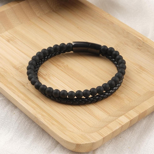 Stone of Protection, Matte Black Onyx & Leather Bracelet for Men, Bold Gemstone Wristband Gift for Boyfriend or Him | Titanium Lock