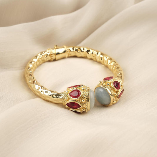 Stone of Courage | Handmade Aquamarine Bracelet with Ruby Red Accents, Inspired Design, Antique Looking and Vintage Style Gold Plated Bangle