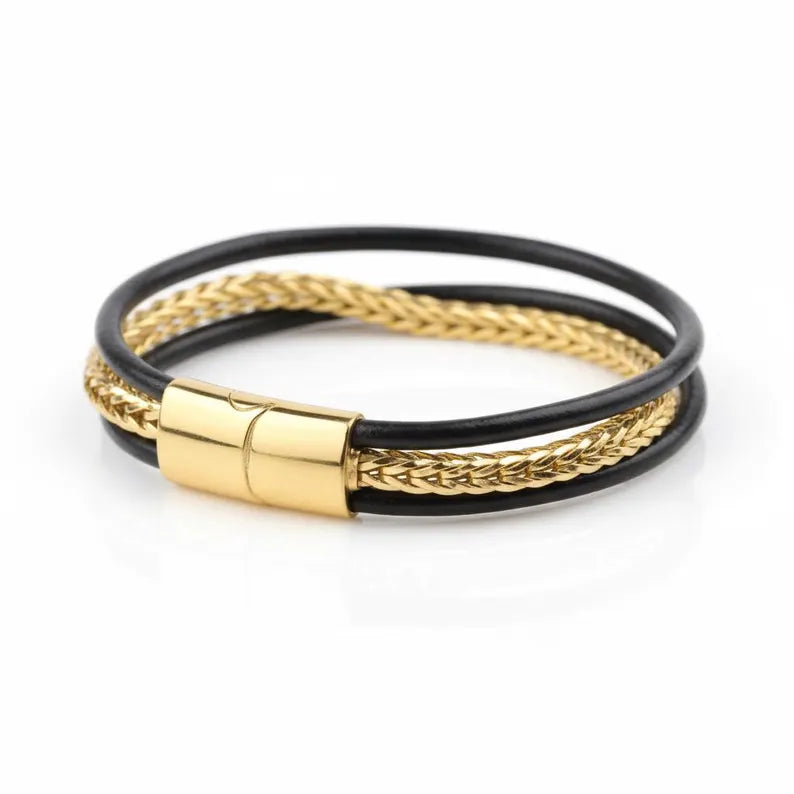 Gold & Leather Chain Bracelet with Titanium Lock
