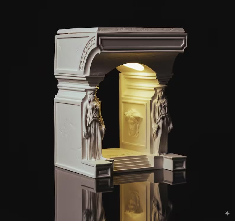 Karyatid Column Lamp with Medusa Details & Creation of Adam Prints and Sandro Boticelli