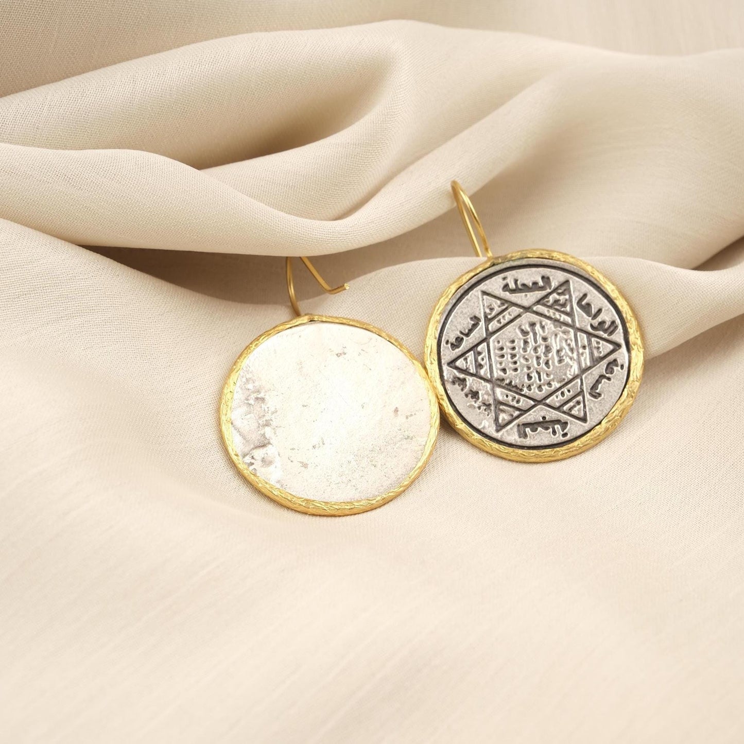 Handmade Solomon Seal Dangle Earrings, Dual Tone Boho Statement Jewelry, Gold Plated Mystical Talisman With Ancient Inscription