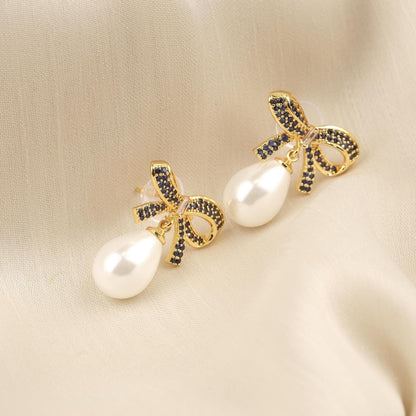 Handmade Gold Plated Bow Tie Stud Earrings, Elegant Drop Design with Faux Pearl, Chic and Feminine Retro Look, Unique Gift for Women Gift