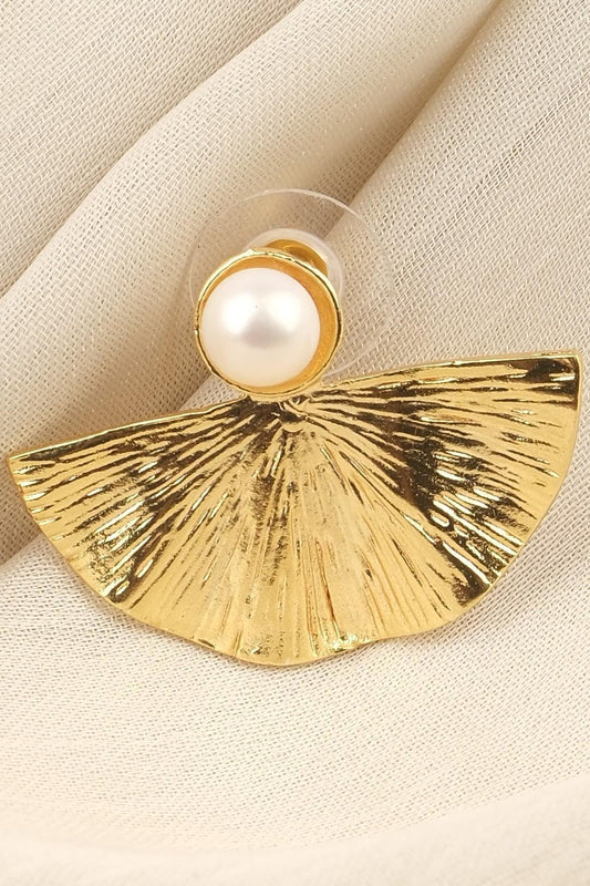 Handmade Shell & Genuine Pearl Stud Earrings, Gold Plated Antique Style Fresh Water Pearls, Shell Design with Faux Pearl, Vintage Inspired