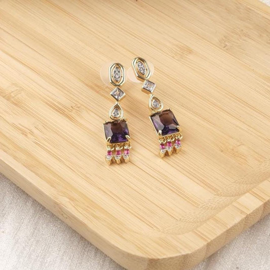 Purple Drop Earrings With Emerald Diamond Accents, Gold Plated Stud Earrings For Women, Colorful Romantic Jewelry Gift For Her