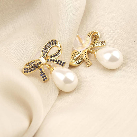 Handmade Gold Plated Bow Tie Stud Earrings, Elegant Drop Design with Faux Pearl, Chic and Feminine Retro Look, Unique Gift for Women Gift