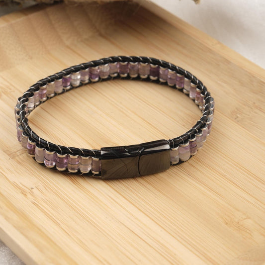 Stone of Calm, Amethyst Leather Bracelet for Men, Chakra Gemstone Bracelet Gift with Genuine Leather, For Him | Titanium Lock
