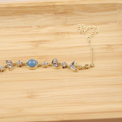 Aquamarine Moon & Star Charm Bracelet for Women, Gold Celestial Jewelry with Soft Blue Accent Stone, Calm Gift for Her, 22cm / 8.66in