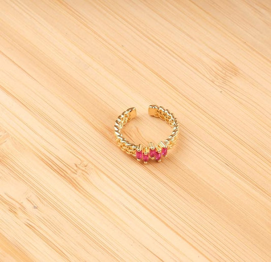 Minimal Emerald Pink Stone Ring For Women, Gold Plated Adjustable Fashion Ring, Dainty Chain-Inspired Elegant Jewelry Gift For Her