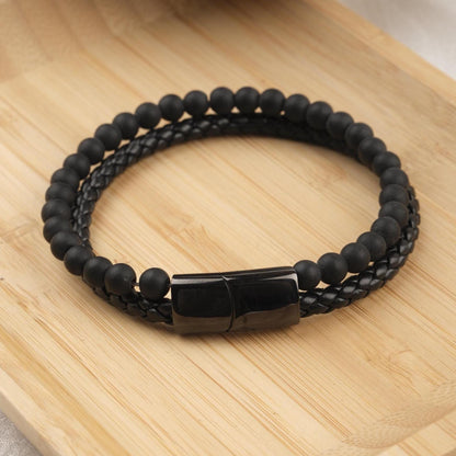 Stone of Protection, Matte Black Onyx & Leather Bracelet for Men, Bold Gemstone Wristband Gift for Boyfriend or Him | Titanium Lock
