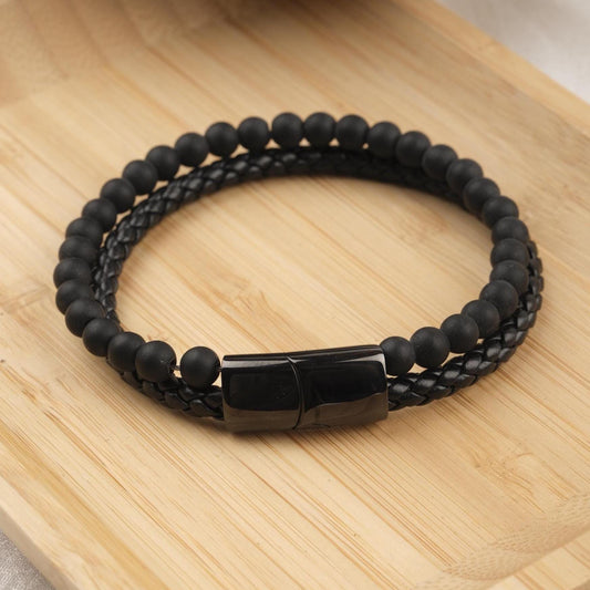Stone of Protection, Matte Black Onyx & Leather Bracelet for Men, Bold Gemstone Wristband Gift for Boyfriend or Him | Titanium Lock