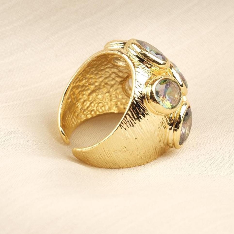 Handmade Ottoman Style Ring With Green Gemstone Cluster, Antique Looking And Vintage Style Gold Plated Ring With Regal And Artistic Details