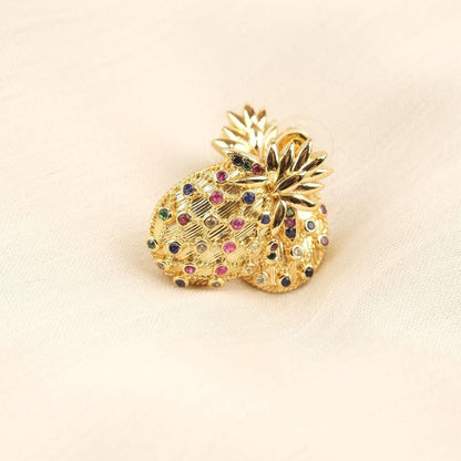 Handmade Gold Plated Pineapple Stud Earrings, Sparkling Diamond Detail Fruit Jewelry, Playful Tropical Design, Unique Fun Statement Style