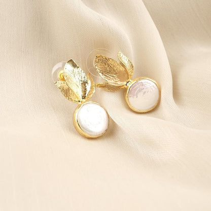 Handmade Genuine Pearl Stud Earrings, Gold Plated Leaf Design, Artistic Nature-Inspired Jewelry for Women, Elegant Lightweight Statement