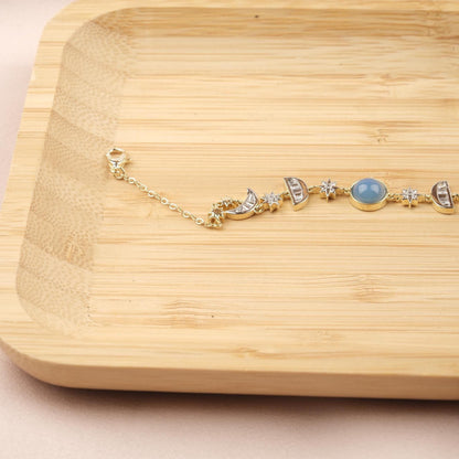 Aquamarine Moon & Star Charm Bracelet for Women, Gold Celestial Jewelry with Soft Blue Accent Stone, Calm Gift for Her, 22cm / 8.66in