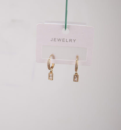 Gold Rectangle Pink Emerald Earrings, Elegant Minimalist Hoops For Women Who Glow, Feminine Statement Jewelry In Brass